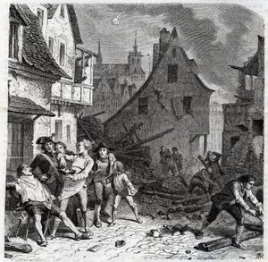 リールのシェービングディッシュ。フランス革命戦争中の1792年のリール包囲戦でのエピソード - Le siege de Lille en octobre 1792 - Revolution francaise - Bombardement by Austrians and Prussians - Barber uses half a bomb as a beard dish - engraving 作： Unknown artist