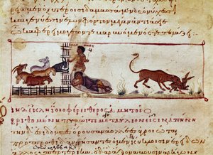 シリアのオッピアン(OppianまたはOppianus)がカラカラに捧げた『シネゲティクス』(紀元3世紀)の狩猟用乳搾りから取り出したミニチュア獣によって、右のウサギが貪り食われている様子。11世紀のヴェネツィア。マルシアーナ図書館 作： Unknown artist