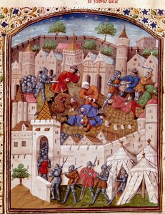 都市の包囲と住民の虐殺 ミニチュアは、サルステとスエトイン、ルーカンがまとめた「ローマ人の事実」（または「ローマ人の嘘」）からの引用。15世紀（ms.1055, fol.417）シャンティイ、コンデ美術館 作： Unknown artist