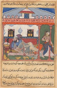 花のバスケットに隠されたヘビは、トゥティナマ（オウムの物語）から妻を送り出したばかりのラジャに自分自身を明らかにします：第43夜 作： Unknown artist