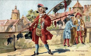 1750年のウィッグ商人の商売。 作： Unknown artist