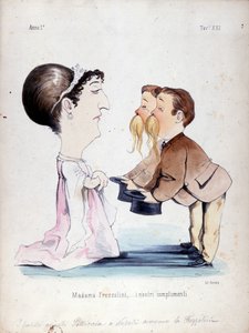 双子のペリシア兄弟は、イタリアのソプラノ歌手エルミニア・フレッゾリーニ（1818-1884）を迎え入れた。19世紀の漫画。 作： Unknown artist