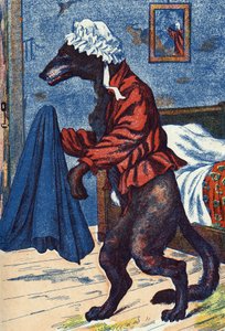 狼がおばあさんの服を着る。フランスの作家シャルル・ペロー（1628-1703）の物語「赤ずきんちゃん」の匿名の挿絵。イメージ：Marcel Vagne, Jarville Nancy, undated (19世紀後半). 作： Unknown artist