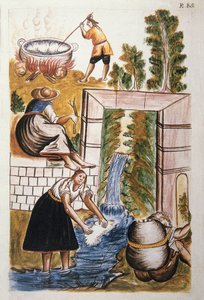 トルヒーヨ司教バルタサル・マルティネス・コンパニオン・イ・ブジャンダ（1782-1785）の著書「トルヒーヨ・デル・ペルー」（「Códice Martínez Compañón」）に掲載されている羊毛の作業風景。 作： Unknown artist