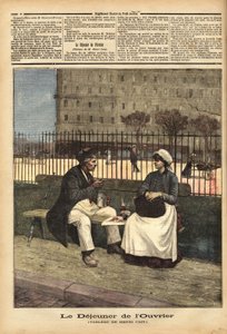 労働者の昼食」、画家・劇作家のアンリ・カイン（1859-1930）の絵の複製。1891年4月18日付「Le petit journal」に掲載されたエングレーヴィング。セルバのコレクション。 作： Unknown artist