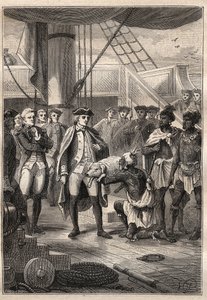 キャプテン・ジェームズ・クック(1728-1779)の第3回目の航海(1776-1779)。レゾリューション号（ハワイ）に乗ったクックに子豚を差し出すコア神父 - "The Great Mariners of the 18th century "より引用 作： Unknown artist
