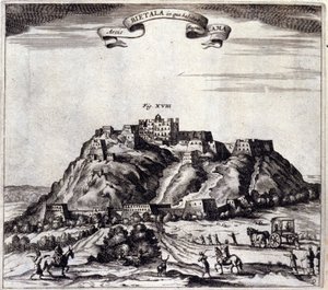 チベット。ラサのポタラ（ダライ・ラマの宮殿）の眺め。アタナシウス・キルヒャー（1601〜1680）の "De China Monumenta "は、イエズス会、東洋学者、ドイツ人学者で、アムステルダムで1667年に出版されました。 作： Unknown artist