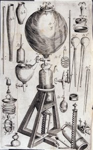 科学実験のための道具 - ロバート・ボイルの「Nova experimenta physico-mechanica de vi aeris elastica, et ejudem effectibus, facta maximam partem in nova machina pneumatica」の中で。 作： Unknown artist
