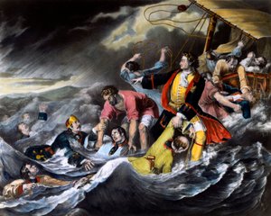 皇帝ピョートル1世（1672-1725）は、嵐の中で溺れそうな兵士を助けている。1724年頃の匿名の版画。サンクトペテルブルクエルミタージュの図書館