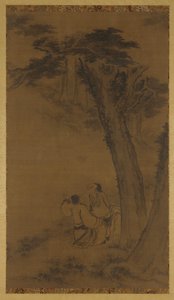 木々の下の丘の中腹にある 2 人の人物 作： Unknown artist