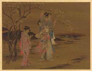 桜の木の下で二人の少女と男 作： Unknown artist