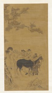 松の木の下に二人の男と二頭の馬