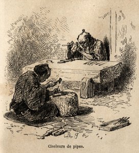 二人の労働者がそれぞれハンマーとポンチを持ち、作業場で金属パイプを彫っている。1863年から1864年にかけて、スイス連邦公使のアイム・アンベールが日本への旅を説明するために描いたもので、「le tour du monde」に掲載された。 作： Unknown artist