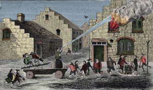 火災を消火するための消火ポンプの使用。1733年の刻印。 作： Unknown artist