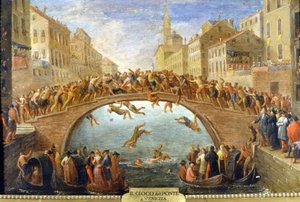 ベニス、橋のゲーム。匿名の絵画。18世紀の作品。プライベート・カラー。 作： Unknown artist