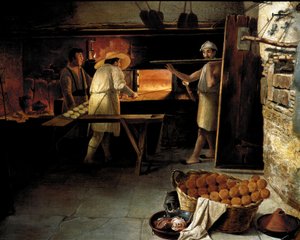 パン屋の内部からの眺め パン屋がオーブンでパンを焼いている様子。18世紀の匿名の絵画。ローマ、フォルクローレ博物館 作： Unknown artist