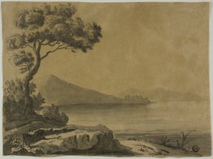 フォア グラウンドで大きな木と湖のビュー 作： Unknown artist