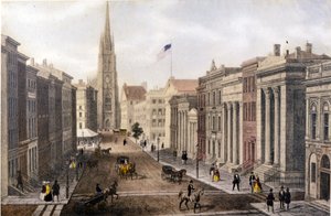 ニューヨークの眺め。ウィリアムストリートのウォール街の風景。19世紀中頃のリトグラフ。 作： Unknown artist