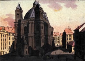 オーストリア・ウィーンのサン・ピエトロ広場と教会の眺め 1820年のエングレーヴィング 作： Unknown artist