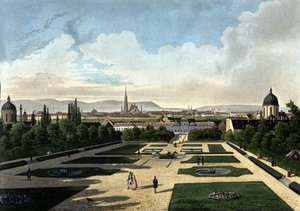 ウジェーヌ・デ・サヴォワが建てたオーストリアのバロック様式の宮殿、ウィーンのベルヴェデーレの眺め。19世紀のリトグラフ 作： Unknown artist