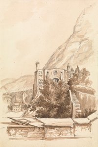 背景に崖のある町の眺め 作： Unknown artist