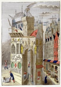 ハーフティンバーの家々と建設中の教会が並ぶ、15世紀のパリ通りの風景。 作： Unknown artist