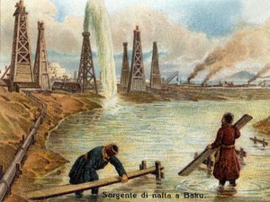 アゼルバイジャン、バクーの油井の眺め。1890年頃のクロモリトグラフ。 作： Unknown artist