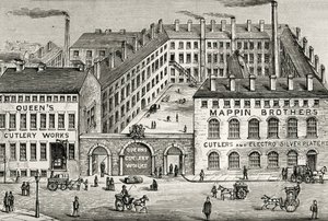 ロンドンのマッピン・ブラザーズ・カトラリー工場。1891年の広告の詳細。エングレーヴィング。 作： Unknown artist