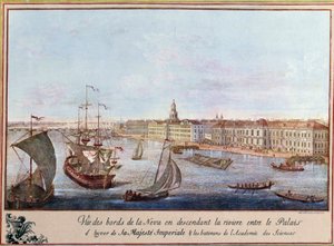 サンクトペテルブルクの冬の宮殿と科学アカデミーのネヴァ川の眺め。1753年頃のプリント。パリ、B.N. 作： Unknown artist