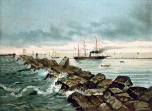 1869年9月17日に開通したスエズ運河の眺め。19世紀のクロモリトグラフ 作： Unknown artist