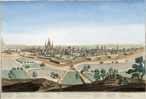 大聖堂と要塞のあるイタリア・ミラノの街の風景。18世紀のエングレーヴィング。