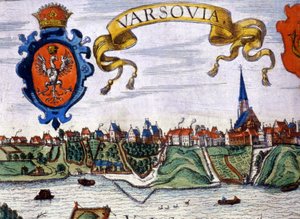 ワルシャワ市の紋章が描かれた街の風景。1780. 作： Unknown artist