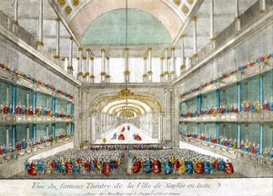 イタリア・ナポリ市の有名な劇場の眺め。18世紀末に描かれた版画。