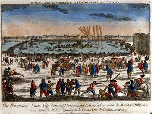 1600年、ヘンリー4世とメディチ家のマリアの結婚式の際に、トスカーナ大公がフィレンツェのアルノ川沿いで行った祝宴の様子。エングレーヴィング。 作： Unknown artist