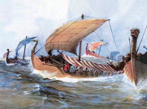 ノルマンディーに向けて航行中のバイキング船、水彩画 作： Unknown artist