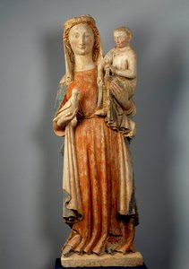 聖母子像 聖母は鳩を手にしています。多色石彫。15世紀の作品。モンテーグ・レ・ボワ教会。 作： Unknown artist