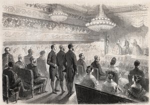 プロイセンのウィリアム1世(1797-1888)のコンピエーニュ訪問：ナポレオン3世(1808-1873)出席のもとでの宮殿劇場でのガラショー - Engraving In "The Illustrous World" 作： Unknown artist