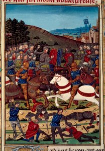 公益連盟（または貴族の反乱）の戦争：1465年7月16日、ルイ11世（1423-1483）とシャロレ伯爵シャルル（後のシャルル・ザ・テメレール）（1433-1477）との間で行われたモンルヘリーの戦い。写本「Vigiles du r」から彩色されたミニチュア。
