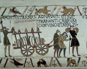 1066年、征服王ウィリアム（1027-1087）の艦隊がイングランドを征服するための燃料補給で、武器やワインが船に運ばれてくる バイユーのタペストリーまたはマチルド王妃の刺繍の詳細