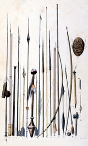 ジバロス・インディアンの武器。1846-48年のエングレーヴィング。 作： Unknown artist