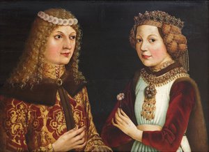 後宮のラディスラウス (Ladislas de Habsbourg dit le Posthume) (1440-1457) とヴァロワ家のマグダレーナ (Madeleine de France ou de Valois) (1443-1495) の結婚式の肖像 - 匿名 - 1457 - 木に油彩 - 38,5x52 - Szepmuveszeti Muzeum, Budapest 作： Unknown artist
