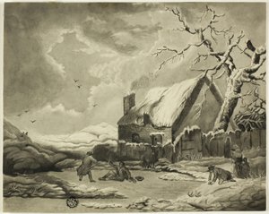 池の近くのコテージの外の人々 との冬景色 作： Unknown artist