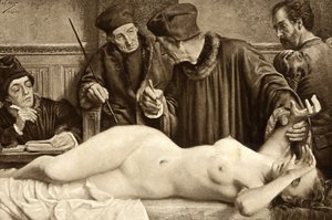 ウィッチクラフト科学者たちは、魔女の体にあるほくろをつまんで反応を調べるために探している。イラストはE.Van Hoove。1888