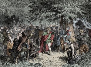 サクソン人に武装を呼びかけるウィトキント - ザクセンのウィトキント（750～810年頃）は、777年にシャルルマーニュが侵攻してきたフランコに対して、サクソン人に武装を呼びかける。 作： Unknown artist