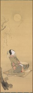 月を見る女