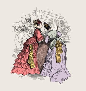 美術館にいる女性。「チャールズ・フレデリック・ワース（1825-1895）が描いたイラストが『現代の喜劇：鉛筆とペンによる習作』に掲載されました。子供、若者、壁 作： Unknown artist
