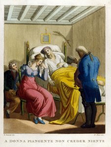 " 女の涙、悪意の泉。女の泣き顔を見よ。"一連のことわざを描いた18世紀のエングレーヴィング。 作： Unknown artist