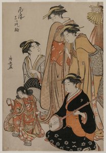 貝殻の上で女の子が踊るのを見る女性 (シリーズ「三頭の馬のファッショナブルなプレゼンテーション」より) 作： Unknown artist