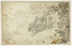 城の景色を望む樹木が茂った川の風景 作： Unknown artist