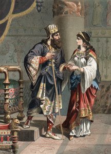 クセルクセス1世アケメネス朝ペルシャ王（BC519-465）とその妻アメストリス。1881年、Juan Justo Huguet著「El Culto de la Hermosura」（Molinas Hermanos editores）に掲載された版画。